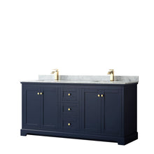 Load image into Gallery viewer, Wyndham Collection WCV232372DBLCMUNSMXX Avery 72 Inch Double Bathroom Vanity in Dark Blue, White Carrara Marble Countertop, Undermount Square Sinks, and No Mirror