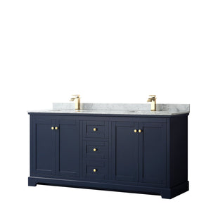 Wyndham Collection WCV232372DBLCMUNSMXX Avery 72 Inch Double Bathroom Vanity in Dark Blue, White Carrara Marble Countertop, Undermount Square Sinks, and No Mirror