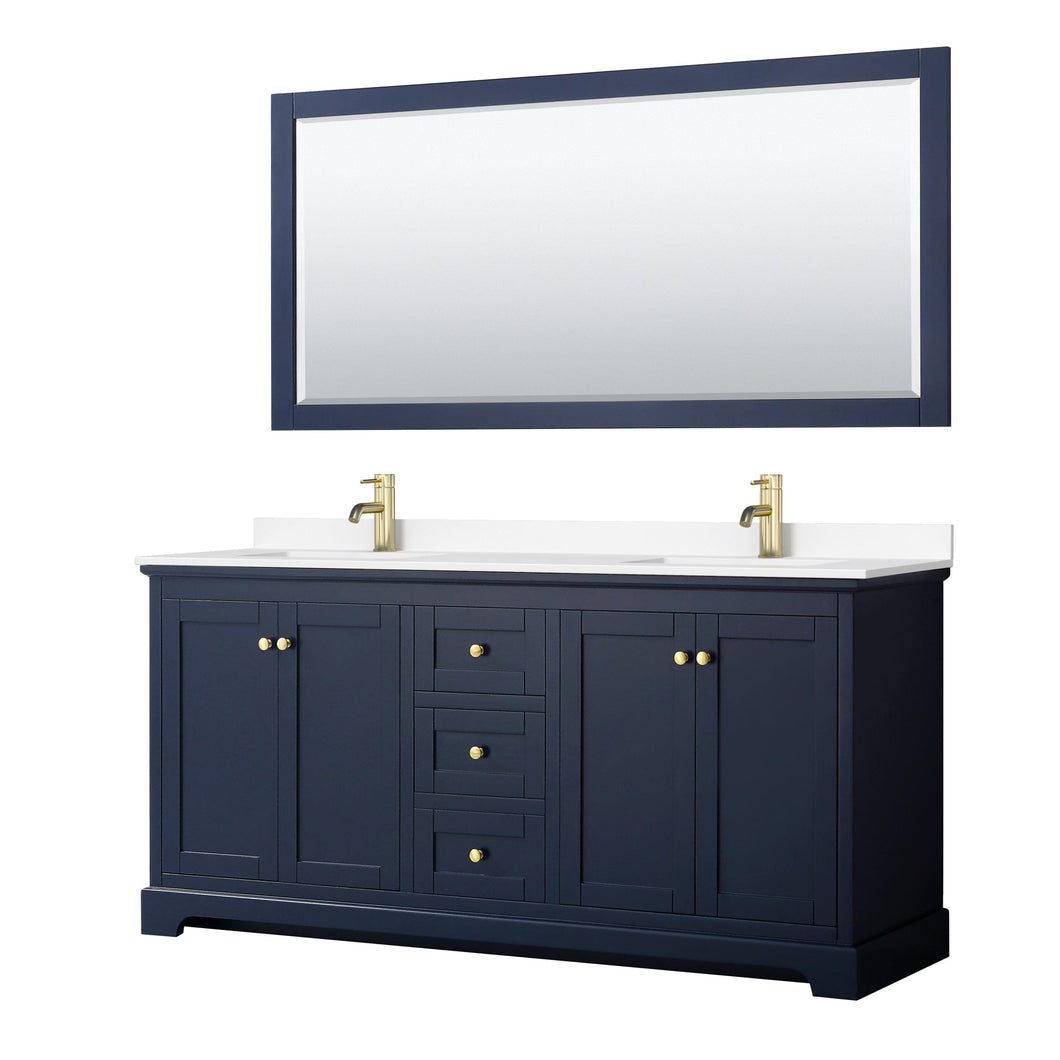 Wyndham Collection WCV232372DBLWCUNSM70 Avery 72 Inch Double Bathroom Vanity in Dark Blue, White Cultured Marble Countertop, Undermount Square Sinks, 70 Inch Mirror