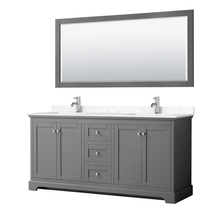 Wyndham Collection WCV232372DKGC2UNSM70 Avery 72 Inch Double Bathroom Vanity in Dark Gray, Light-Vein Carrara Cultured Marble Countertop, Undermount Square Sinks, 70 Inch Mirror