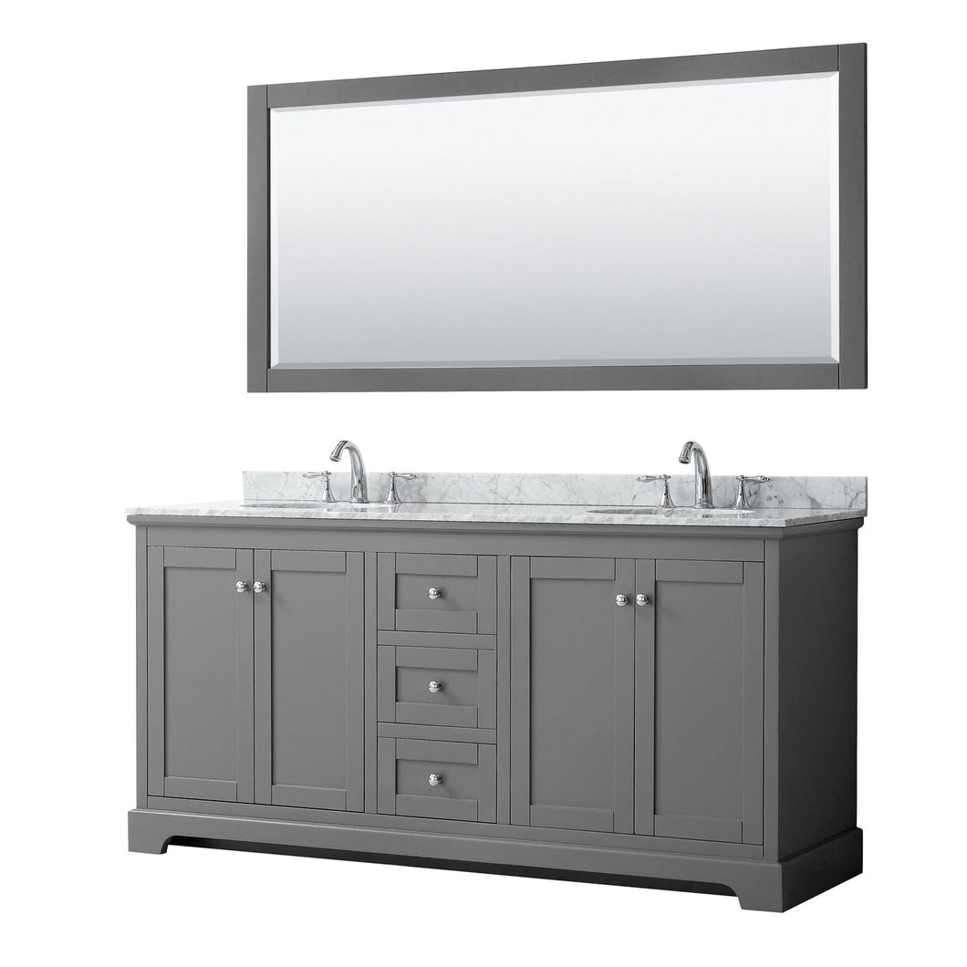 Wyndham Collection WCV232372DKGCMUNOM70 Avery 72 Inch Double Bathroom Vanity in Dark Gray, White Carrara Marble Countertop, Undermount Oval Sinks, and 70 Inch Mirror