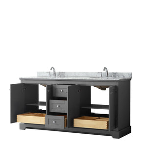 Wyndham Collection WCV232372DKGCMUNOMXX Avery 72 Inch Double Bathroom Vanity in Dark Gray, White Carrara Marble Countertop, Undermount Oval Sinks, and No Mirror