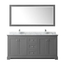 Load image into Gallery viewer, Wyndham Collection WCV232372DKGCMUNSM70 Avery 72 Inch Double Bathroom Vanity in Dark Gray, White Carrara Marble Countertop, Undermount Square Sinks, and 70 Inch Mirror