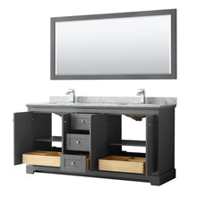 Load image into Gallery viewer, Wyndham Collection WCV232372DKGCMUNSM70 Avery 72 Inch Double Bathroom Vanity in Dark Gray, White Carrara Marble Countertop, Undermount Square Sinks, and 70 Inch Mirror