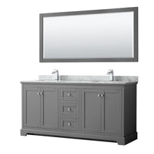 Load image into Gallery viewer, Wyndham Collection WCV232372DKGCMUNSM70 Avery 72 Inch Double Bathroom Vanity in Dark Gray, White Carrara Marble Countertop, Undermount Square Sinks, and 70 Inch Mirror