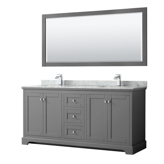 Wyndham Collection WCV232372DKGCMUNSM70 Avery 72 Inch Double Bathroom Vanity in Dark Gray, White Carrara Marble Countertop, Undermount Square Sinks, and 70 Inch Mirror