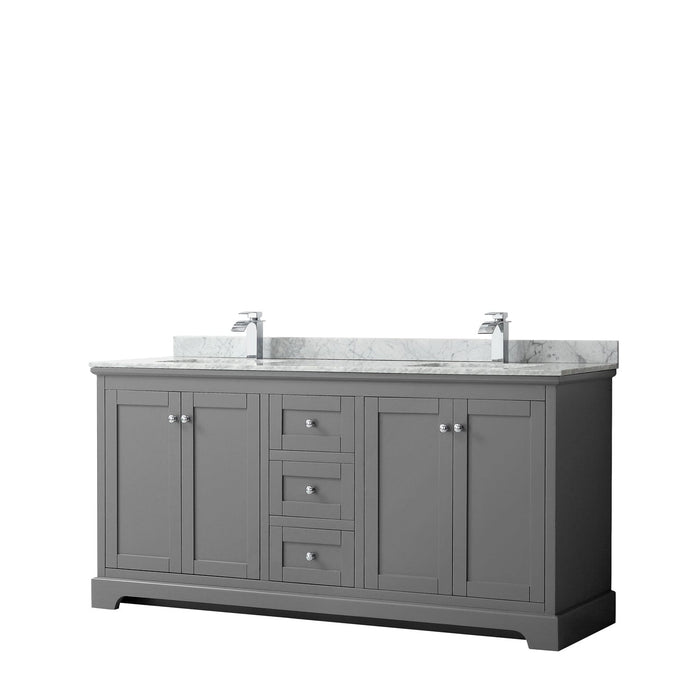 Wyndham Collection WCV232372DKGCMUNSMXX Avery 72 Inch Double Bathroom Vanity in Dark Gray, White Carrara Marble Countertop, Undermount Square Sinks, and No Mirror
