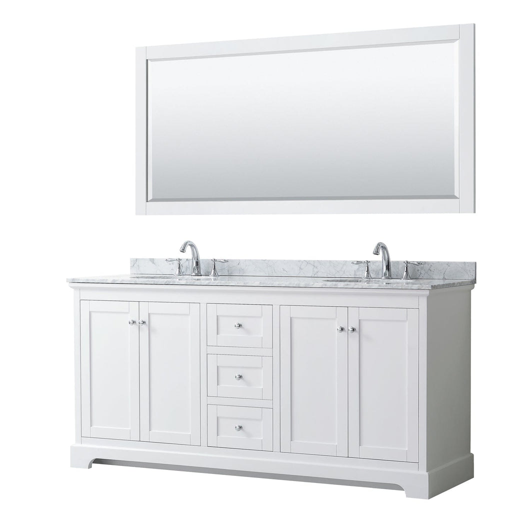 Wyndham Collection WCV232372DWHCMUNOM70 Avery 72 Inch Double Bathroom Vanity in White, White Carrara Marble Countertop, Undermount Oval Sinks, and 70 Inch Mirror