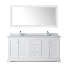 Load image into Gallery viewer, Wyndham Collection WCV232372DWHCMUNSM70 Avery 72 Inch Double Bathroom Vanity in White, White Carrara Marble Countertop, Undermount Square Sinks, and 70 Inch Mirror