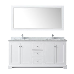 Wyndham Collection WCV232372DWHCMUNSM70 Avery 72 Inch Double Bathroom Vanity in White, White Carrara Marble Countertop, Undermount Square Sinks, and 70 Inch Mirror