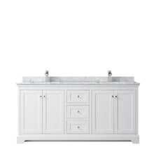 Load image into Gallery viewer, Wyndham Collection WCV232372DWHCMUNSMXX Avery 72 Inch Double Bathroom Vanity in White, White Carrara Marble Countertop, Undermount Square Sinks, and No Mirror