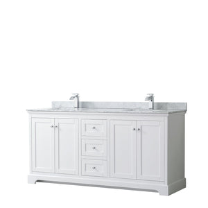 Wyndham Collection WCV232372DWHCMUNSMXX Avery 72 Inch Double Bathroom Vanity in White, White Carrara Marble Countertop, Undermount Square Sinks, and No Mirror