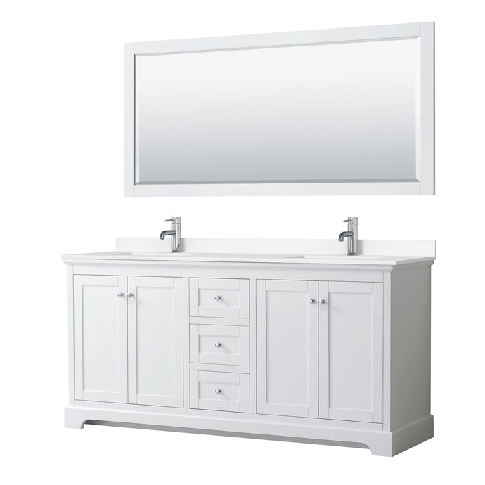 Wyndham Collection WCV232372DWHWCUNSM70 Avery 72 Inch Double Bathroom Vanity in White, White Cultured Marble Countertop, Undermount Square Sinks, 70 Inch Mirror