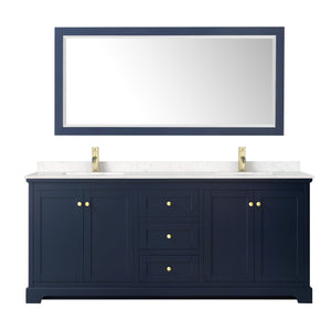 Wyndham Collection WCV232380DBLC2UNSM70 Avery 80 Inch Double Bathroom Vanity in Dark Blue, Light-Vein Carrara Cultured Marble Countertop, Undermount Square Sinks, 70 Inch Mirror