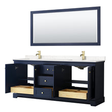Load image into Gallery viewer, Wyndham Collection WCV232380DBLC2UNSM70 Avery 80 Inch Double Bathroom Vanity in Dark Blue, Light-Vein Carrara Cultured Marble Countertop, Undermount Square Sinks, 70 Inch Mirror