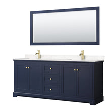 Load image into Gallery viewer, Wyndham Collection WCV232380DBLC2UNSM70 Avery 80 Inch Double Bathroom Vanity in Dark Blue, Light-Vein Carrara Cultured Marble Countertop, Undermount Square Sinks, 70 Inch Mirror