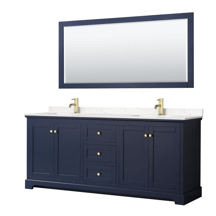 Wyndham Collection WCV232380DBLC2UNSM70 Avery 80 Inch Double Bathroom Vanity in Dark Blue, Light-Vein Carrara Cultured Marble Countertop, Undermount Square Sinks, 70 Inch Mirror