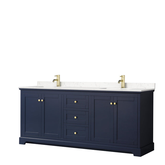 Wyndham Collection WCV232380DBLC2UNSMXX Avery 80 Inch Double Bathroom Vanity in Dark Blue, Light-Vein Carrara Cultured Marble Countertop, Undermount Square Sinks, No Mirror