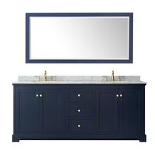 Load image into Gallery viewer, Wyndham Collection WCV232380DBLCMUNOM70 Avery 80 Inch Double Bathroom Vanity in Dark Blue, White Carrara Marble Countertop, Undermount Oval Sinks, and 70 Inch Mirror