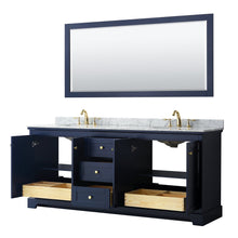 Load image into Gallery viewer, Wyndham Collection WCV232380DBLCMUNOM70 Avery 80 Inch Double Bathroom Vanity in Dark Blue, White Carrara Marble Countertop, Undermount Oval Sinks, and 70 Inch Mirror