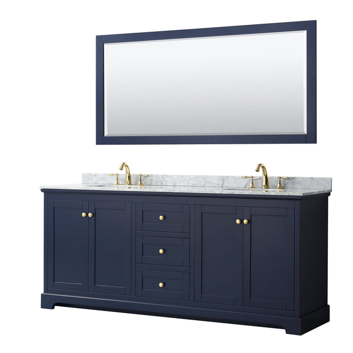 Wyndham Collection WCV232380DBLCMUNOM70 Avery 80 Inch Double Bathroom Vanity in Dark Blue, White Carrara Marble Countertop, Undermount Oval Sinks, and 70 Inch Mirror