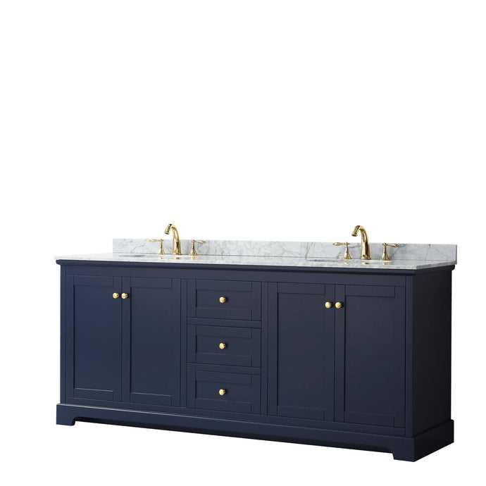 Wyndham Collection WCV232380DBLCMUNOMXX Avery 80 Inch Double Bathroom Vanity in Dark Blue, White Carrara Marble Countertop, Undermount Oval Sinks, and No Mirror