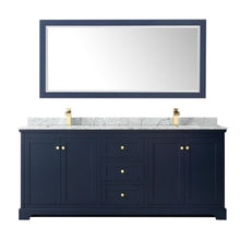 Load image into Gallery viewer, Wyndham Collection WCV232380DBLCMUNSM70 Avery 80 Inch Double Bathroom Vanity in Dark Blue, White Carrara Marble Countertop, Undermount Square Sinks, and 70 Inch Mirror