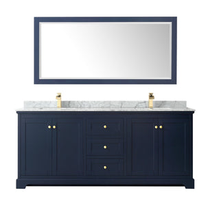 Wyndham Collection WCV232380DBLCMUNSM70 Avery 80 Inch Double Bathroom Vanity in Dark Blue, White Carrara Marble Countertop, Undermount Square Sinks, and 70 Inch Mirror