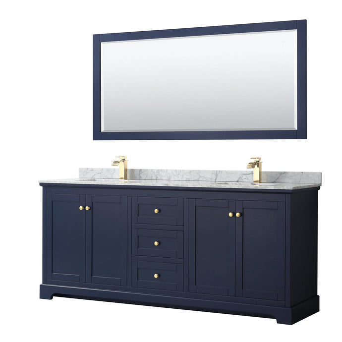 Wyndham Collection WCV232380DBLCMUNSM70 Avery 80 Inch Double Bathroom Vanity in Dark Blue, White Carrara Marble Countertop, Undermount Square Sinks, and 70 Inch Mirror