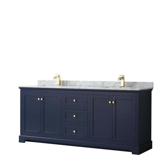 Wyndham Collection WCV232380DBLCMUNSMXX Avery 80 Inch Double Bathroom Vanity in Dark Blue, White Carrara Marble Countertop, Undermount Square Sinks, and No Mirror
