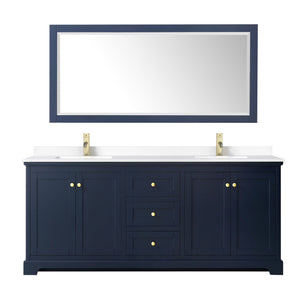 Wyndham Collection WCV232380DBLWCUNSM70 Avery 80 Inch Double Bathroom Vanity in Dark Blue, White Cultured Marble Countertop, Undermount Square Sinks, 70 Inch Mirror
