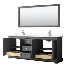 Load image into Gallery viewer, Wyndham Collection WCV232380DKGC2UNSM70 Avery 80 Inch Double Bathroom Vanity in Dark Gray, Light-Vein Carrara Cultured Marble Countertop, Undermount Square Sinks, 70 Inch Mirror
