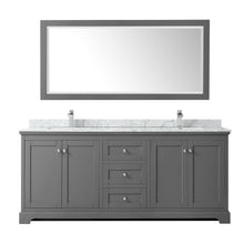 Load image into Gallery viewer, Wyndham Collection WCV232380DKGCMUNSM70 Avery 80 Inch Double Bathroom Vanity in Dark Gray, White Carrara Marble Countertop, Undermount Square Sinks, and 70 Inch Mirror