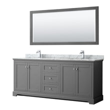 Load image into Gallery viewer, Wyndham Collection WCV232380DKGCMUNSM70 Avery 80 Inch Double Bathroom Vanity in Dark Gray, White Carrara Marble Countertop, Undermount Square Sinks, and 70 Inch Mirror