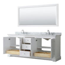 Load image into Gallery viewer, Wyndham Collection WCV232380DWHCMUNOM70 Avery 80 Inch Double Bathroom Vanity in White, White Carrara Marble Countertop, Undermount Oval Sinks, and 70 Inch Mirror