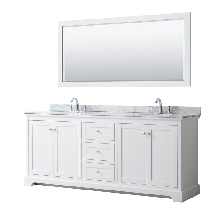 Wyndham Collection WCV232380DWHCMUNOM70 Avery 80 Inch Double Bathroom Vanity in White, White Carrara Marble Countertop, Undermount Oval Sinks, and 70 Inch Mirror