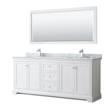 Load image into Gallery viewer, Wyndham Collection WCV232380DWHCMUNSM70 Avery 80 Inch Double Bathroom Vanity in White, White Carrara Marble Countertop, Undermount Square Sinks, and 70 Inch Mirror