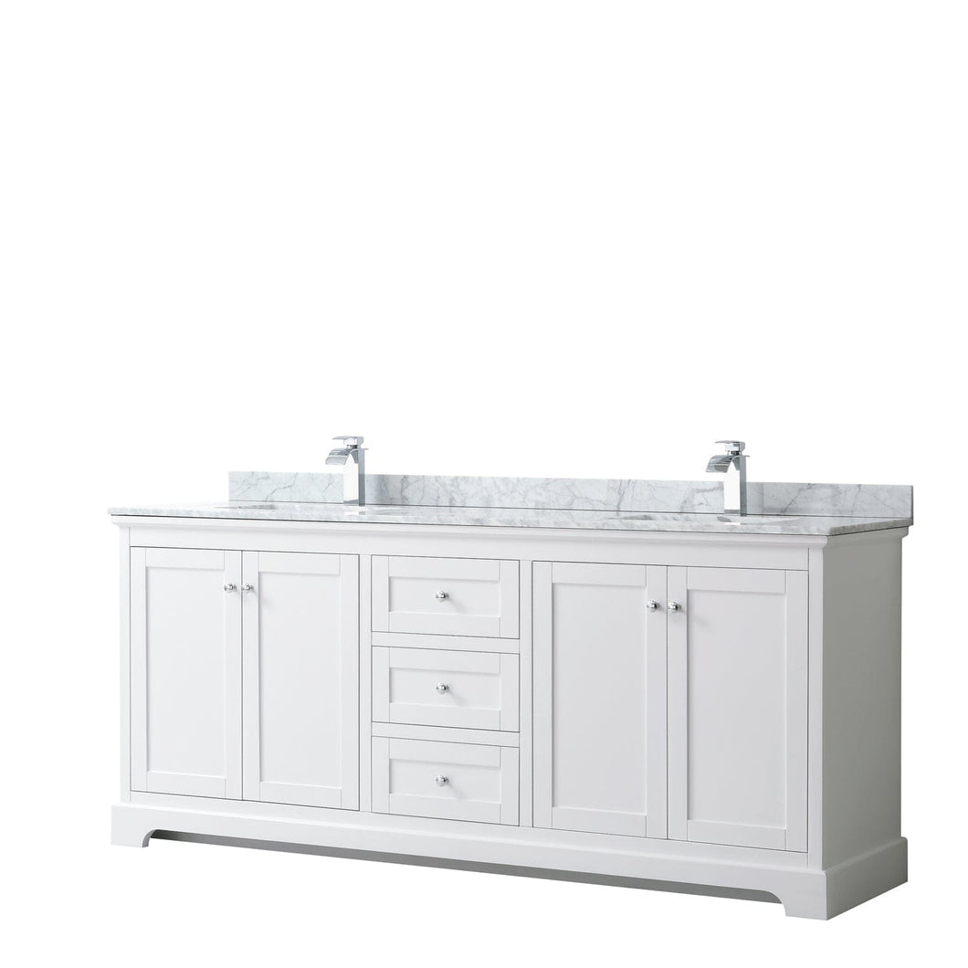 Wyndham Collection WCV232380DWHCMUNSMXX Avery 80 Inch Double Bathroom Vanity in White, White Carrara Marble Countertop, Undermount Square Sinks, and No Mirror