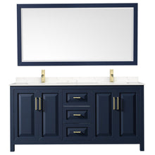 Load image into Gallery viewer, Wyndham Collection WCV252572DBLC2UNSM70 Daria 72 Inch Double Bathroom Vanity in Dark Blue, Light-Vein Carrara Cultured Marble Countertop, Undermount Square Sinks, 70 Inch Mirror