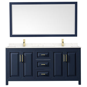 Wyndham Collection WCV252572DBLC2UNSM70 Daria 72 Inch Double Bathroom Vanity in Dark Blue, Light-Vein Carrara Cultured Marble Countertop, Undermount Square Sinks, 70 Inch Mirror