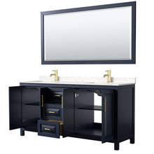 Load image into Gallery viewer, Wyndham Collection WCV252572DBLC2UNSM70 Daria 72 Inch Double Bathroom Vanity in Dark Blue, Light-Vein Carrara Cultured Marble Countertop, Undermount Square Sinks, 70 Inch Mirror