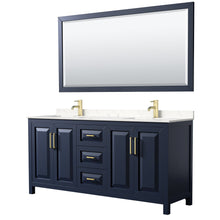 Load image into Gallery viewer, Wyndham Collection WCV252572DBLC2UNSM70 Daria 72 Inch Double Bathroom Vanity in Dark Blue, Light-Vein Carrara Cultured Marble Countertop, Undermount Square Sinks, 70 Inch Mirror
