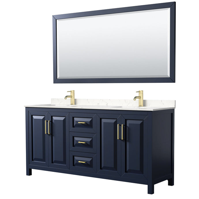 Wyndham Collection WCV252572DBLC2UNSM70 Daria 72 Inch Double Bathroom Vanity in Dark Blue, Light-Vein Carrara Cultured Marble Countertop, Undermount Square Sinks, 70 Inch Mirror