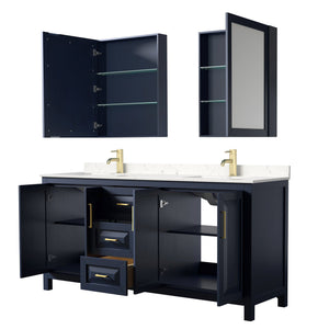 Wyndham Collection WCV252572DBLC2UNSMED Daria 72 Inch Double Bathroom Vanity in Dark Blue, Light-Vein Carrara Cultured Marble Countertop, Undermount Square Sinks, Medicine Cabinets