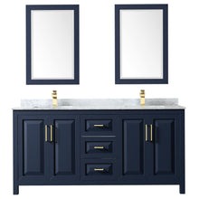 Load image into Gallery viewer, Wyndham Collection WCV252572DBLCMUNSM24 Daria 72 Inch Double Bathroom Vanity in Dark Blue, White Carrara Marble Countertop, Undermount Square Sinks, 24 Inch Mirrors