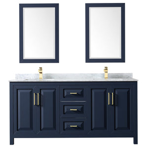 Wyndham Collection WCV252572DBLCMUNSM24 Daria 72 Inch Double Bathroom Vanity in Dark Blue, White Carrara Marble Countertop, Undermount Square Sinks, 24 Inch Mirrors