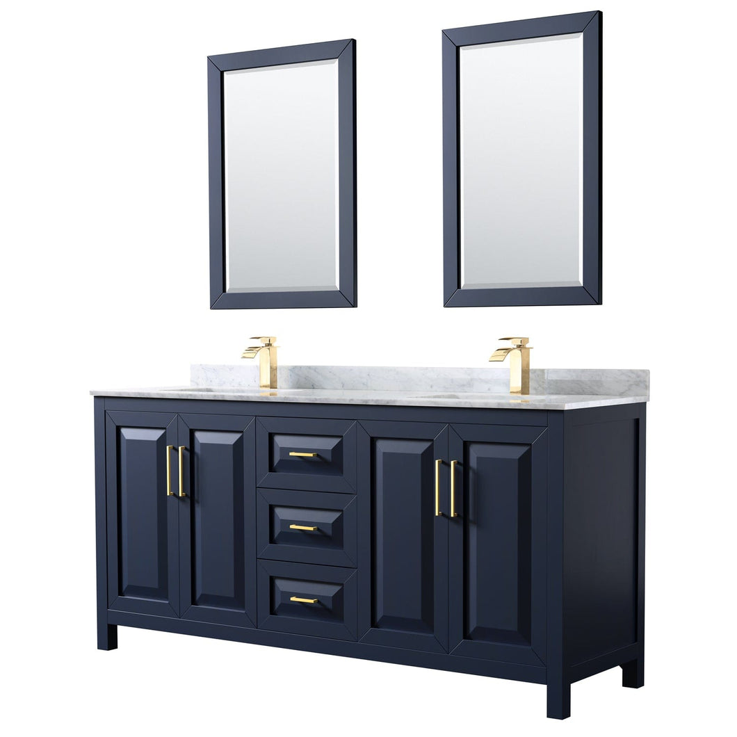 Wyndham Collection WCV252572DBLCMUNSM24 Daria 72 Inch Double Bathroom Vanity in Dark Blue, White Carrara Marble Countertop, Undermount Square Sinks, 24 Inch Mirrors