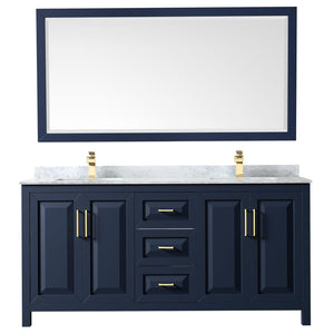 Wyndham Collection WCV252572DBLCMUNSM70 Daria 72 Inch Double Bathroom Vanity in Dark Blue, White Carrara Marble Countertop, Undermount Square Sinks, 70 Inch Mirror