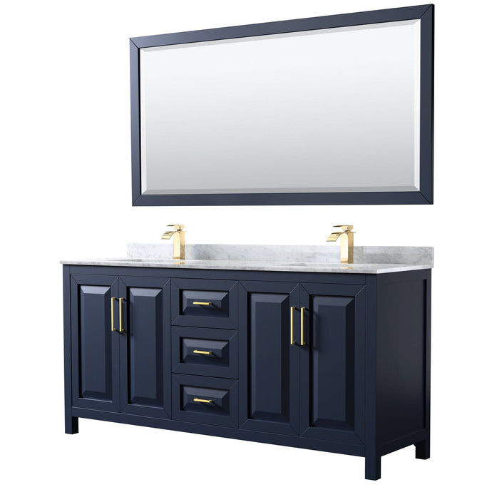 Wyndham Collection WCV252572DBLCMUNSM70 Daria 72 Inch Double Bathroom Vanity in Dark Blue, White Carrara Marble Countertop, Undermount Square Sinks, 70 Inch Mirror