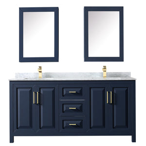 Wyndham Collection WCV252572DBLCMUNSMED Daria 72 Inch Double Bathroom Vanity in Dark Blue, White Carrara Marble Countertop, Undermount Square Sinks, Medicine Cabinets